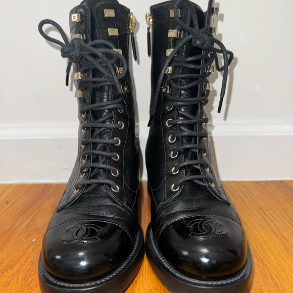 CHANEL Shiny Goatskin Cap Toe Combat Boots - Picture 2 of 6